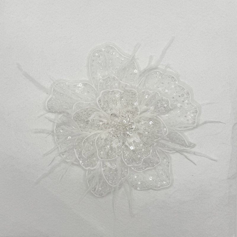 GCW-2410100-77 3D Flower Lace Pearl Sequin Applique with Feathers for Bridal Wedding Dresses